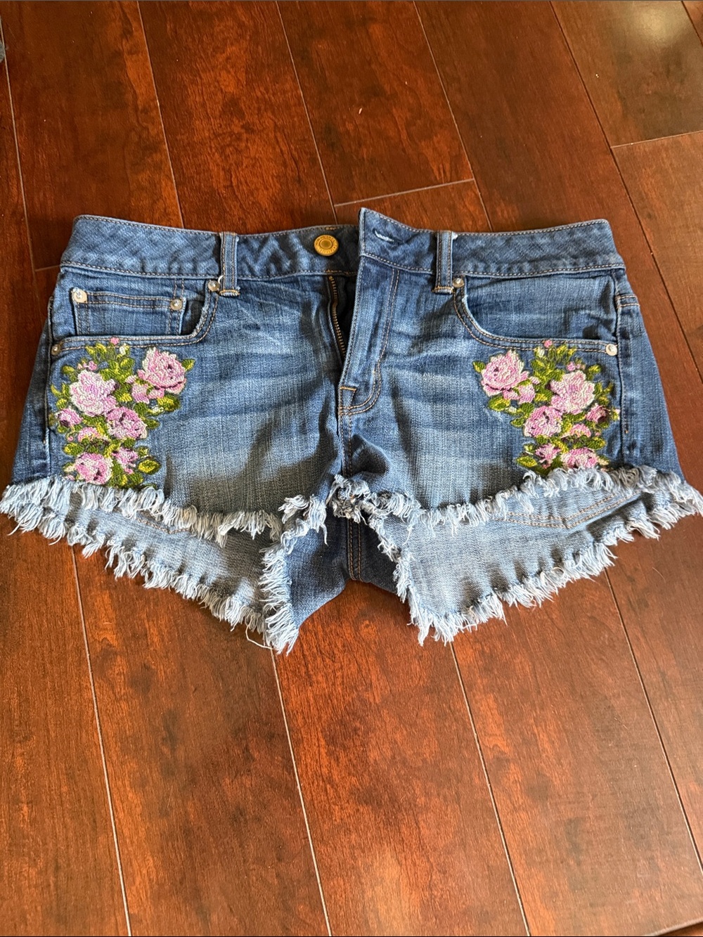 American Eagle Outfitters Blue Denim Shorts with Pink Floral Embroidery